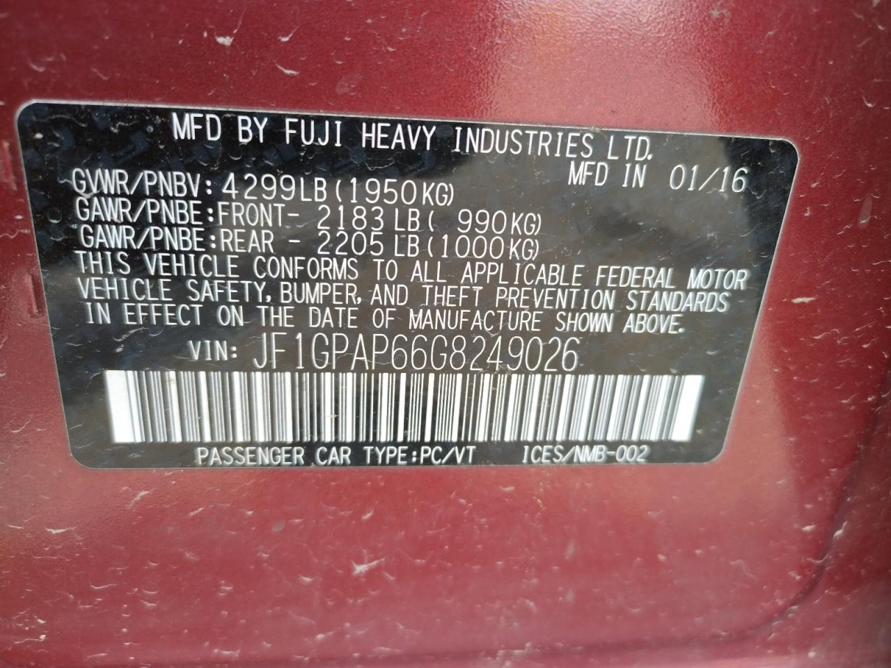 Photo 10 from auction – 2016 SUBARU IMPREZA SP with VIN JF1GPAP66G8249026