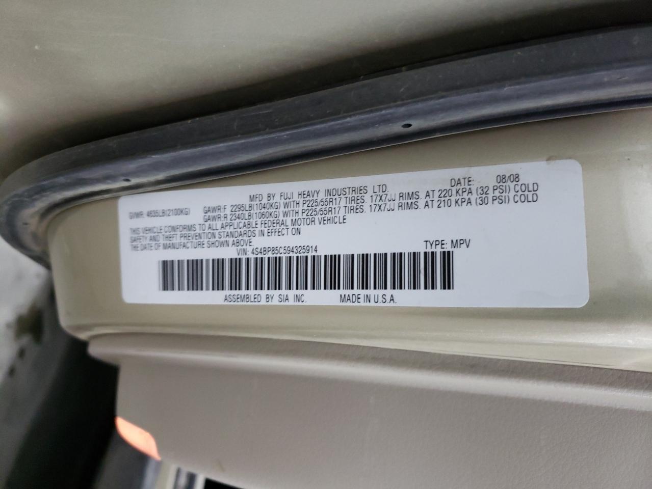 Photo 10 from auction – 2009 SUBARU OUTBACK 3. with VIN 4S4BP85C594325914