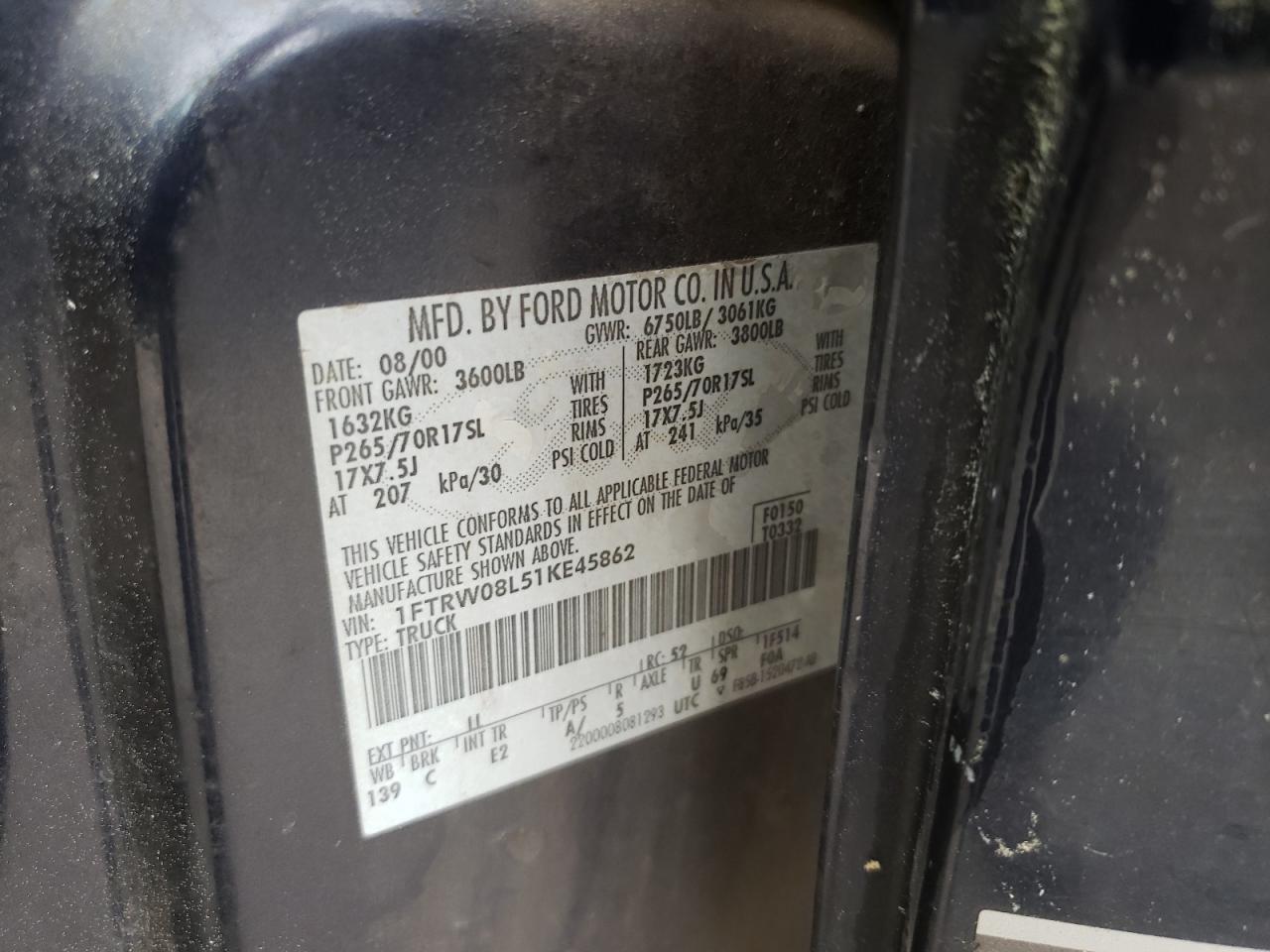 Photo 10 from auction – 2001 FORD F150 SUPER with VIN 1FTRW08L51KE45862