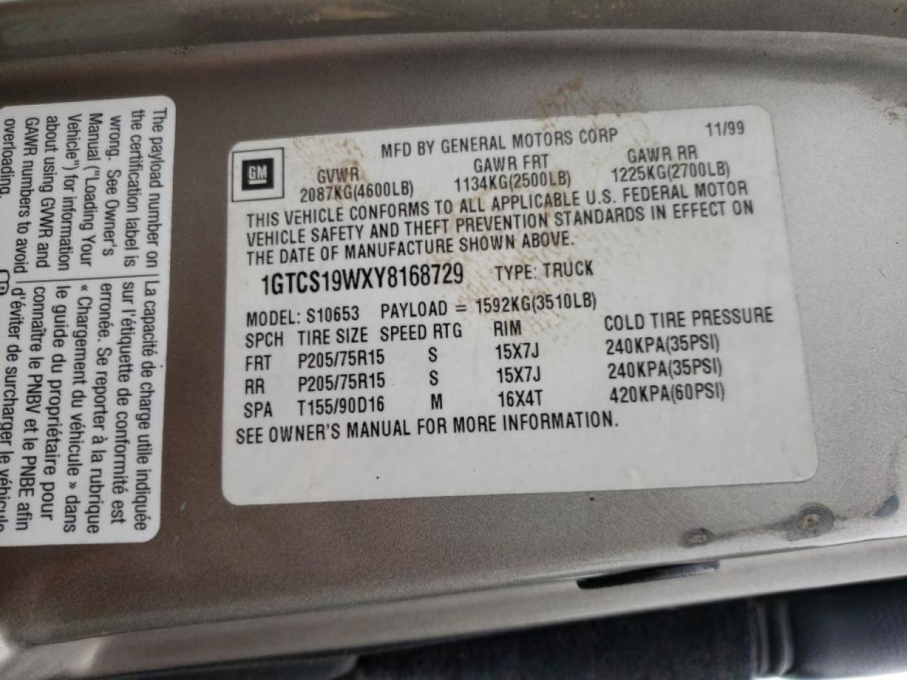 Photo 10 from auction – 2000 GMC SONOMA with VIN 1GTCS19WXY8168729