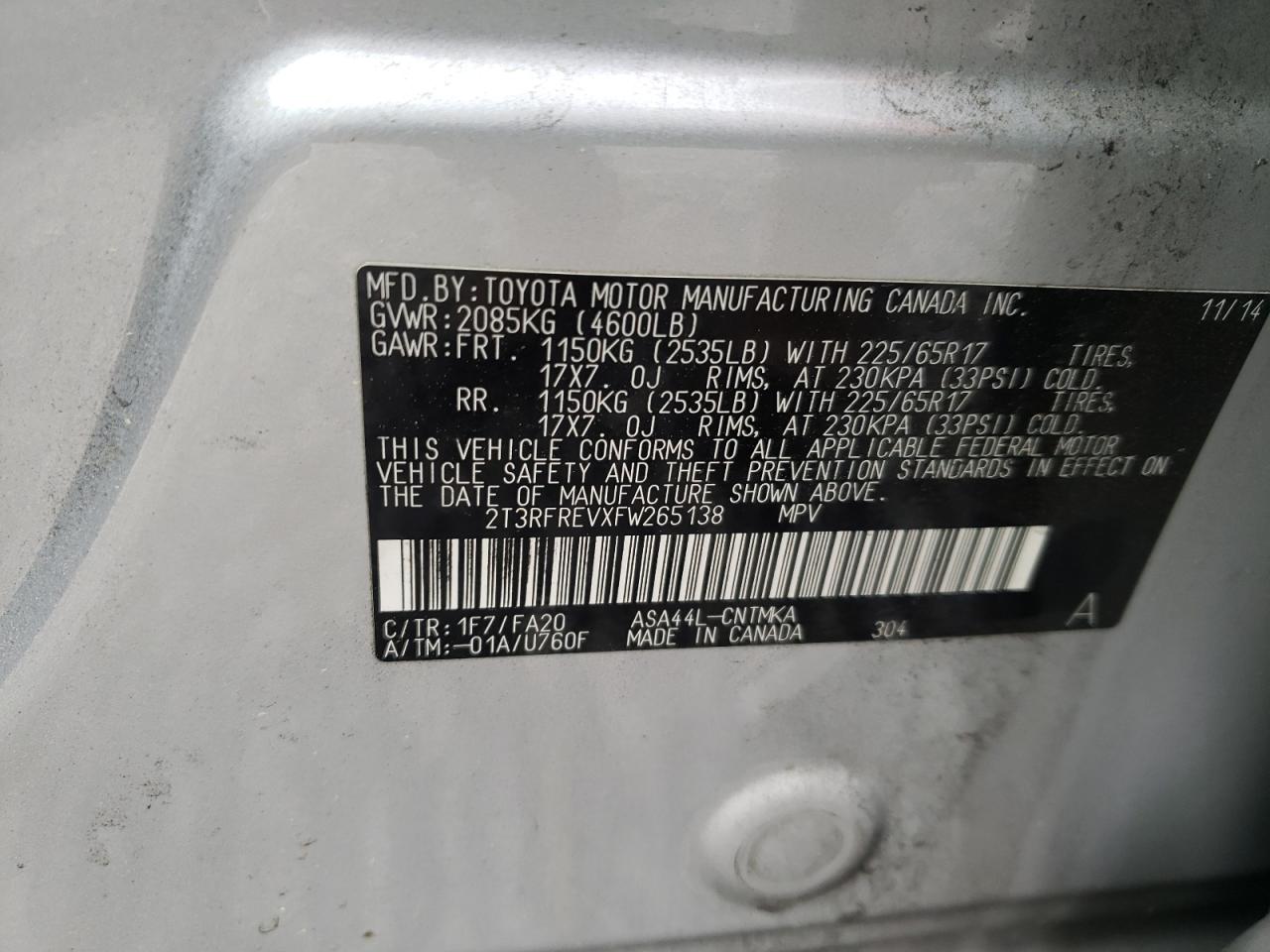 Photo 10 from auction – 2015 TOYOTA RAV4 XLE with VIN 2T3RFREVXFW265138