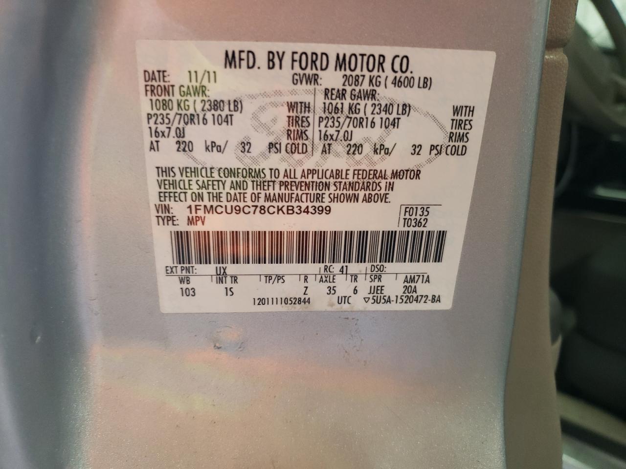 Photo 10 from auction – 2012 FORD ESCAPE XLS with VIN 1FMCU9C78CKB34399