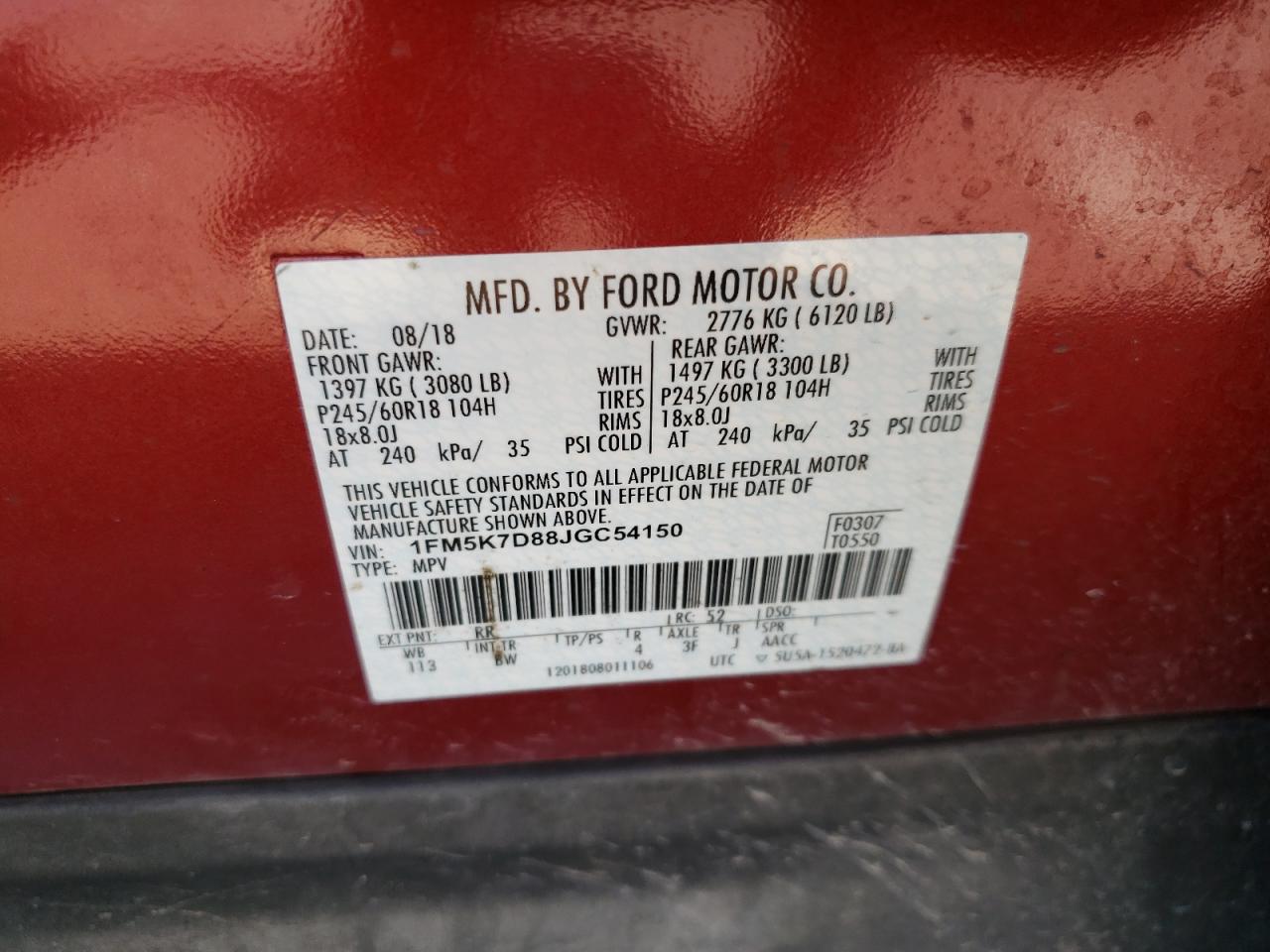 Photo 10 from auction – 2018 FORD EXPLORER X with VIN 1FM5K7D88JGC54150