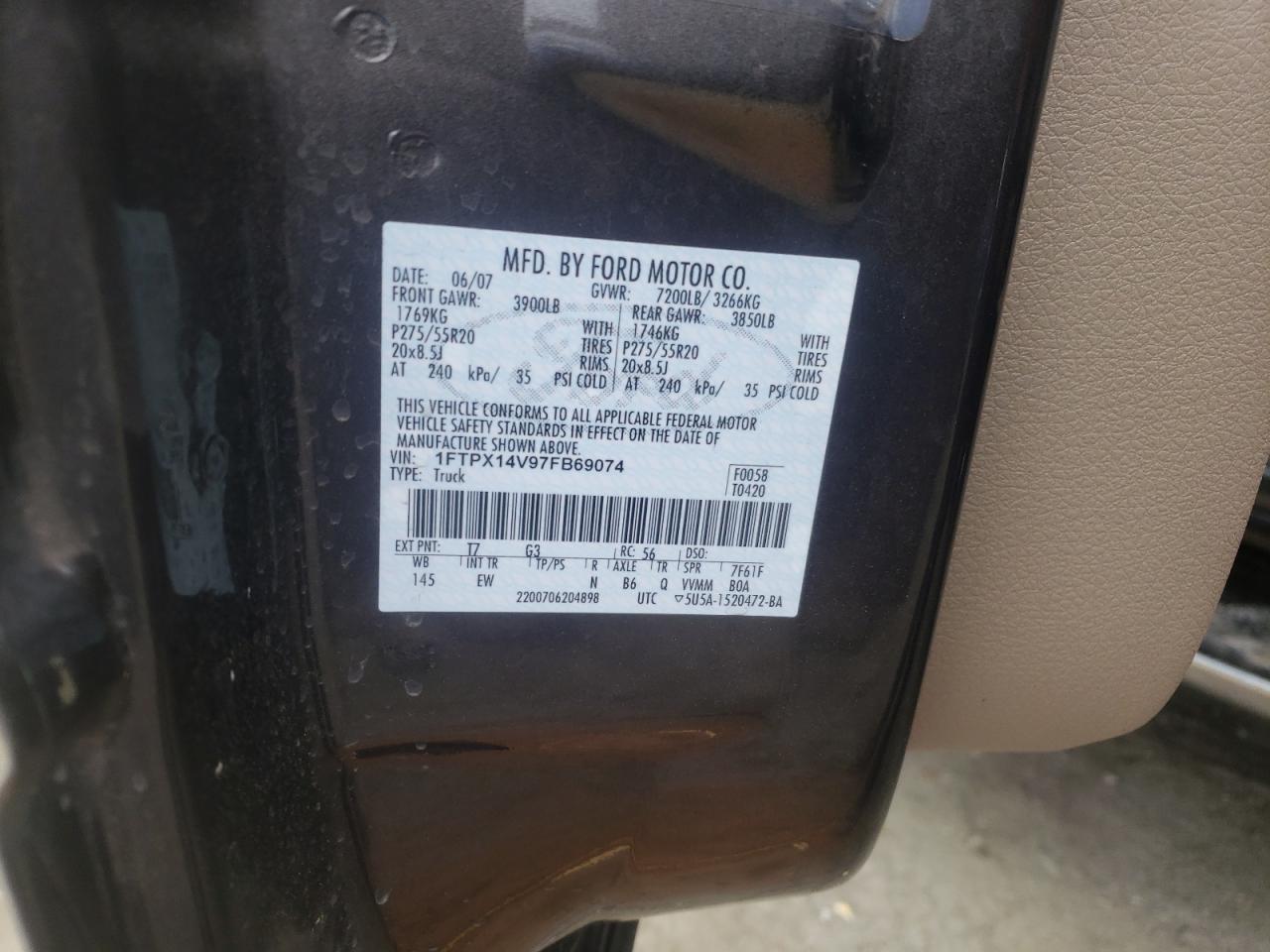 Photo 10 from auction – 2007 FORD F150 with VIN 1FTPX14V97FB69074