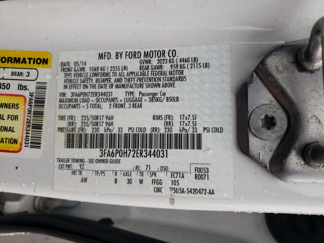 Photo 10 from auction – 2014 FORD FUSION SE with VIN 3FA6P0H72ER344031