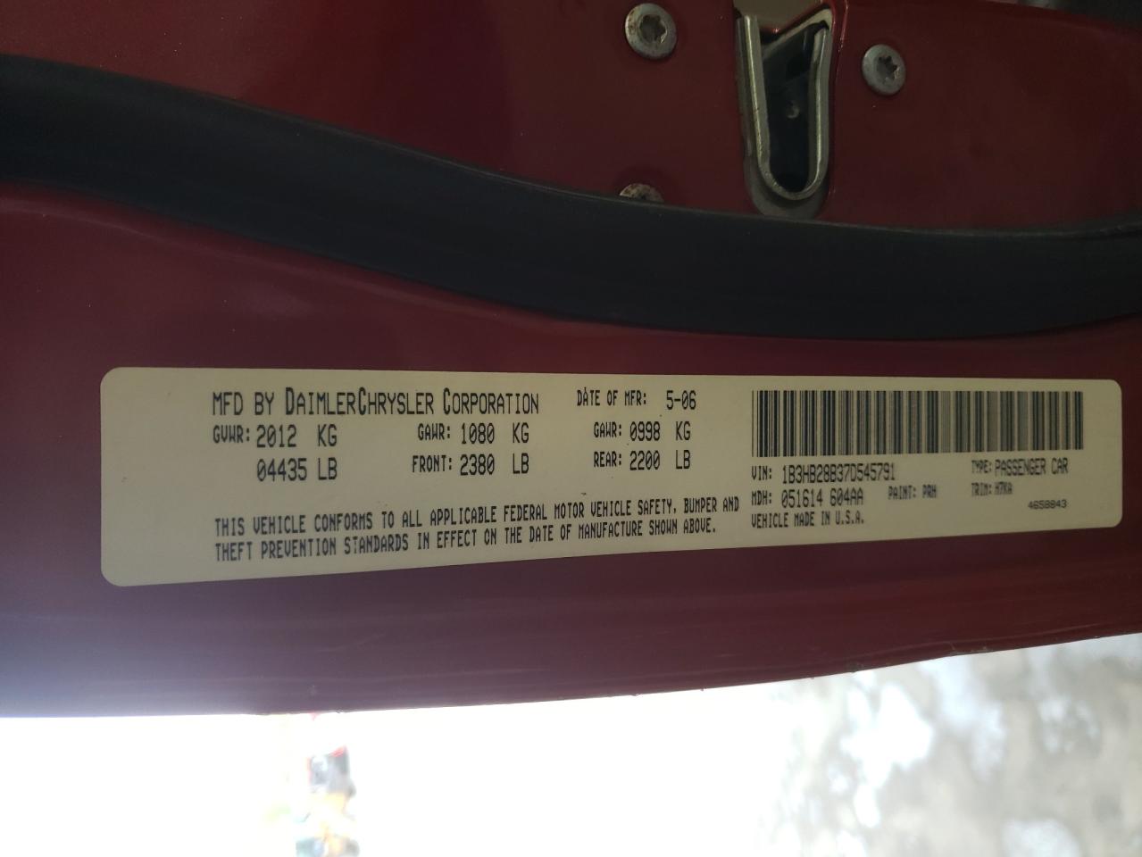 Photo 10 from auction – 2007 DODGE CALIBER with VIN 1B3HB28B37D545791
