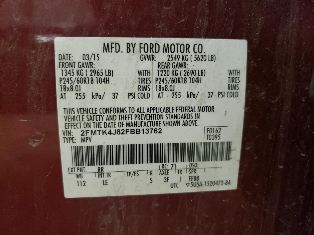 Photo 10 from auction – 2015 FORD EDGE SEL with VIN 2FMTK4J82FBB13762