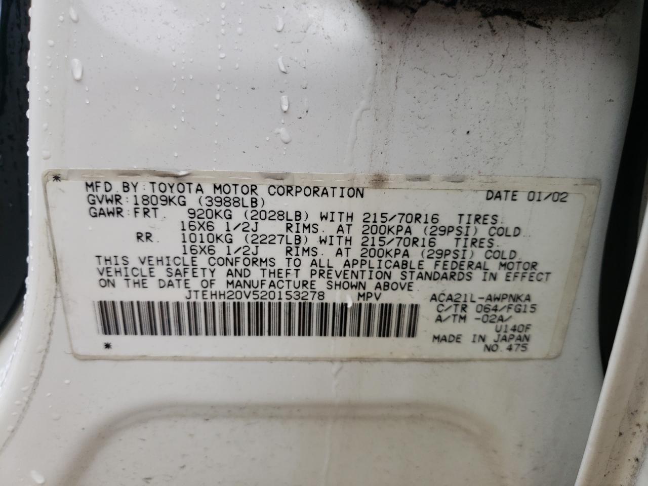Photo 10 from auction – 2002 TOYOTA RAV4 with VIN JTEHH20V520153278