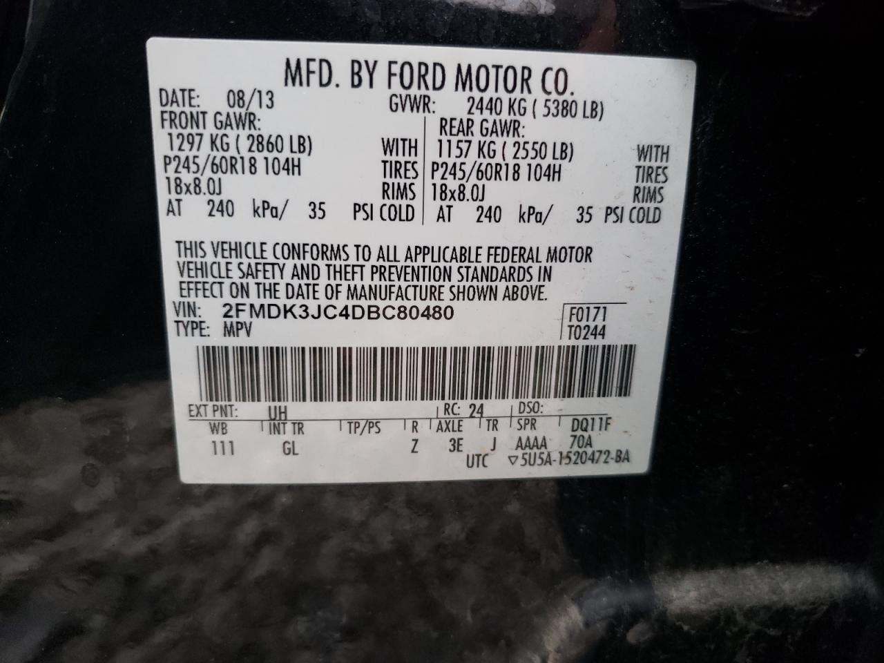 Photo 20 from auction – 2013 FORD EDGE SEL with VIN 2FMDK3JC4DBC80480