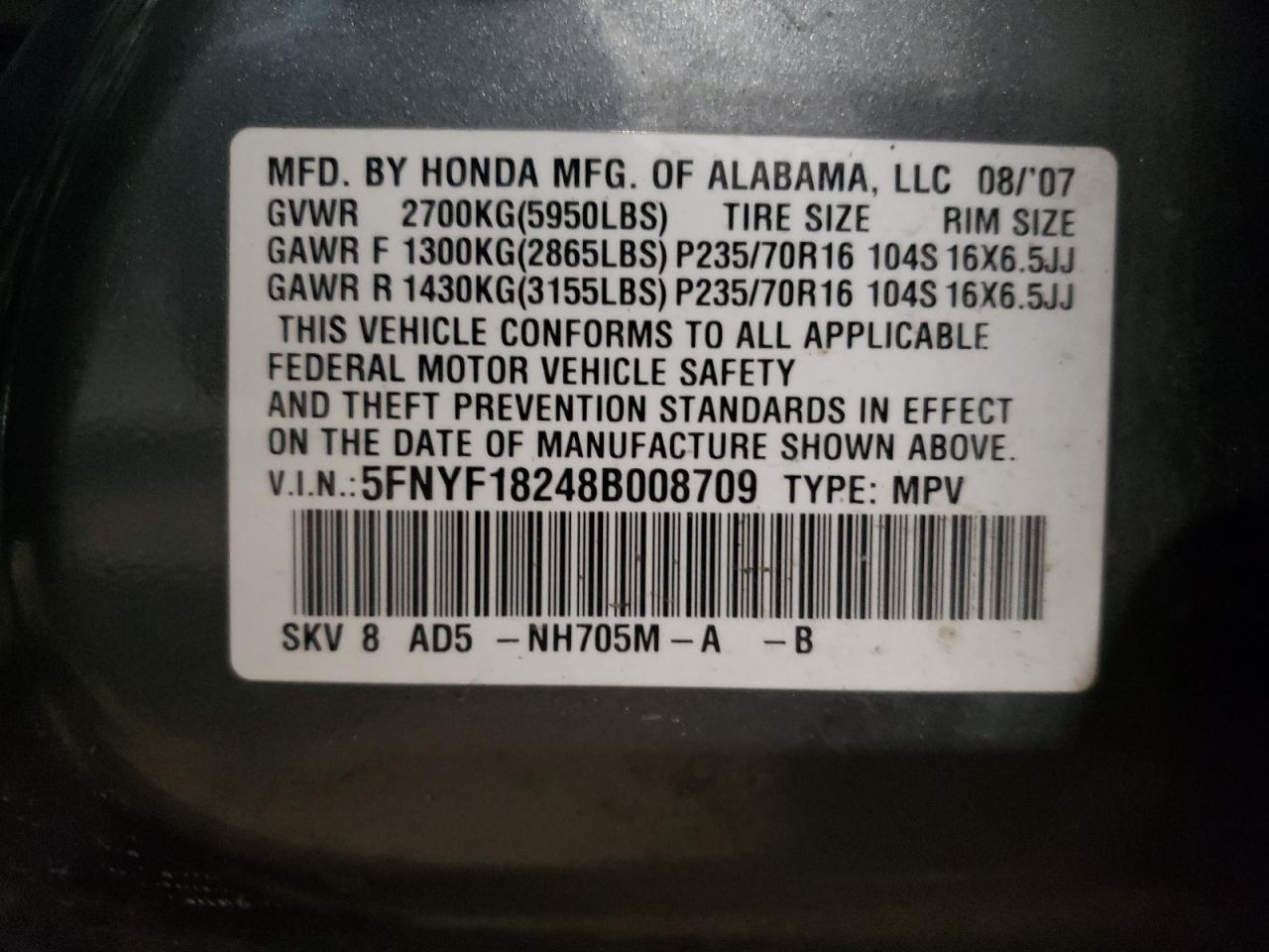 Photo 10 from auction – 2008 HONDA PILOT VP with VIN 5FNYF18248B008709