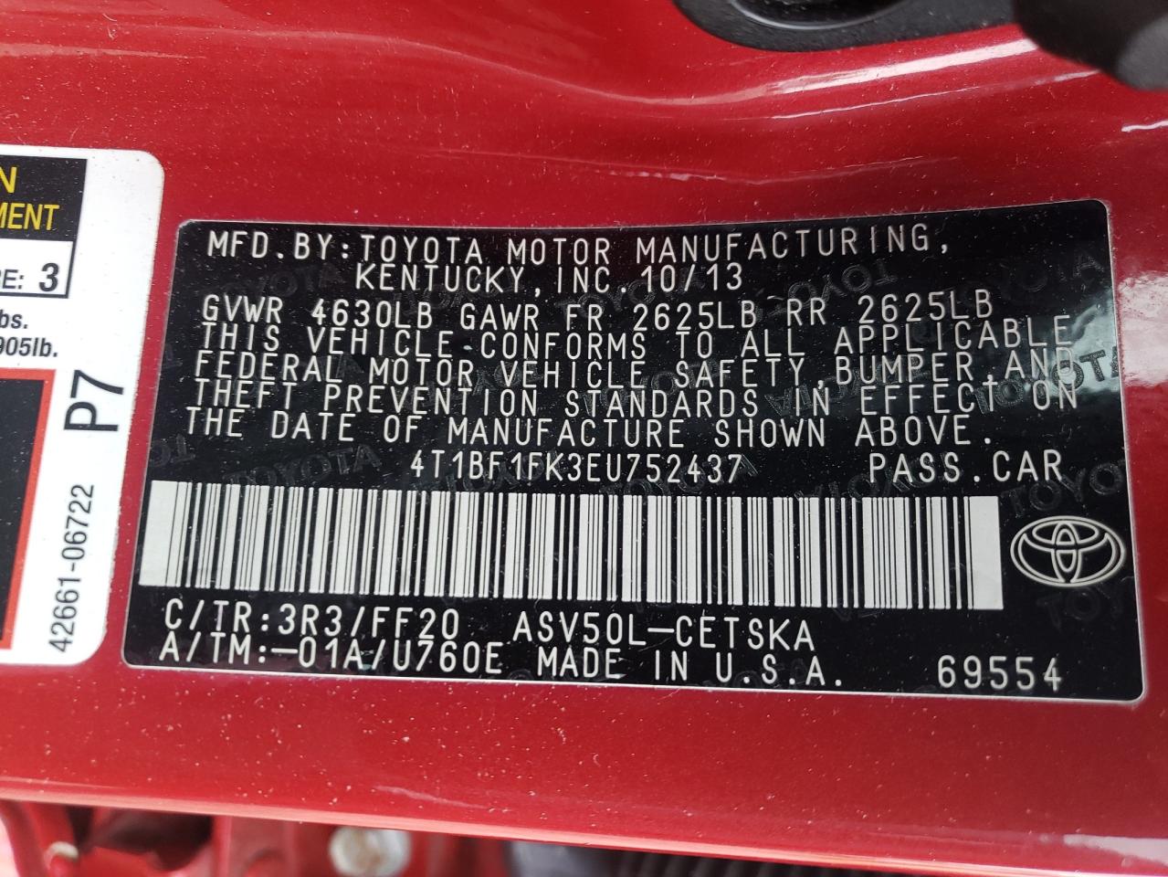 Photo 10 from auction – 2014 TOYOTA CAMRY L with VIN 4T1BF1FK3EU752437