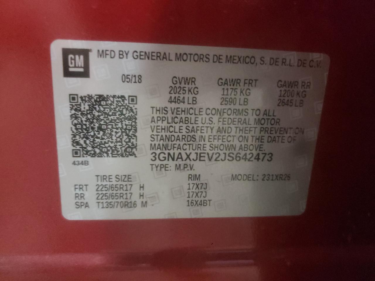 Photo 10 from auction – 2018 CHEVROLET EQUINOX LT with VIN 3GNAXJEV2JS642473