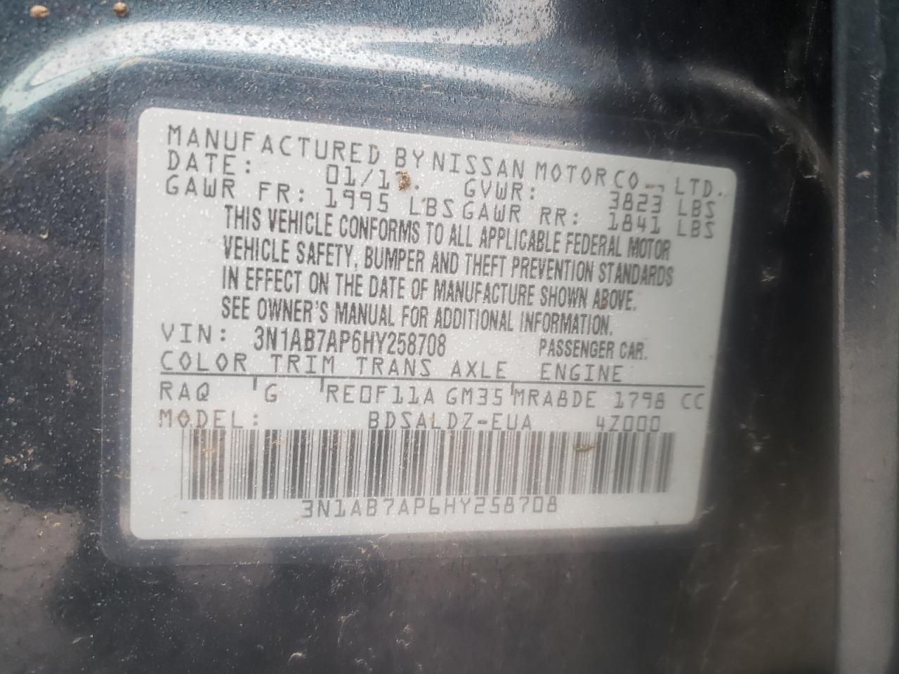 Photo 10 from auction – 2017 NISSAN SENTRA S with VIN 3N1AB7AP6HY258708
