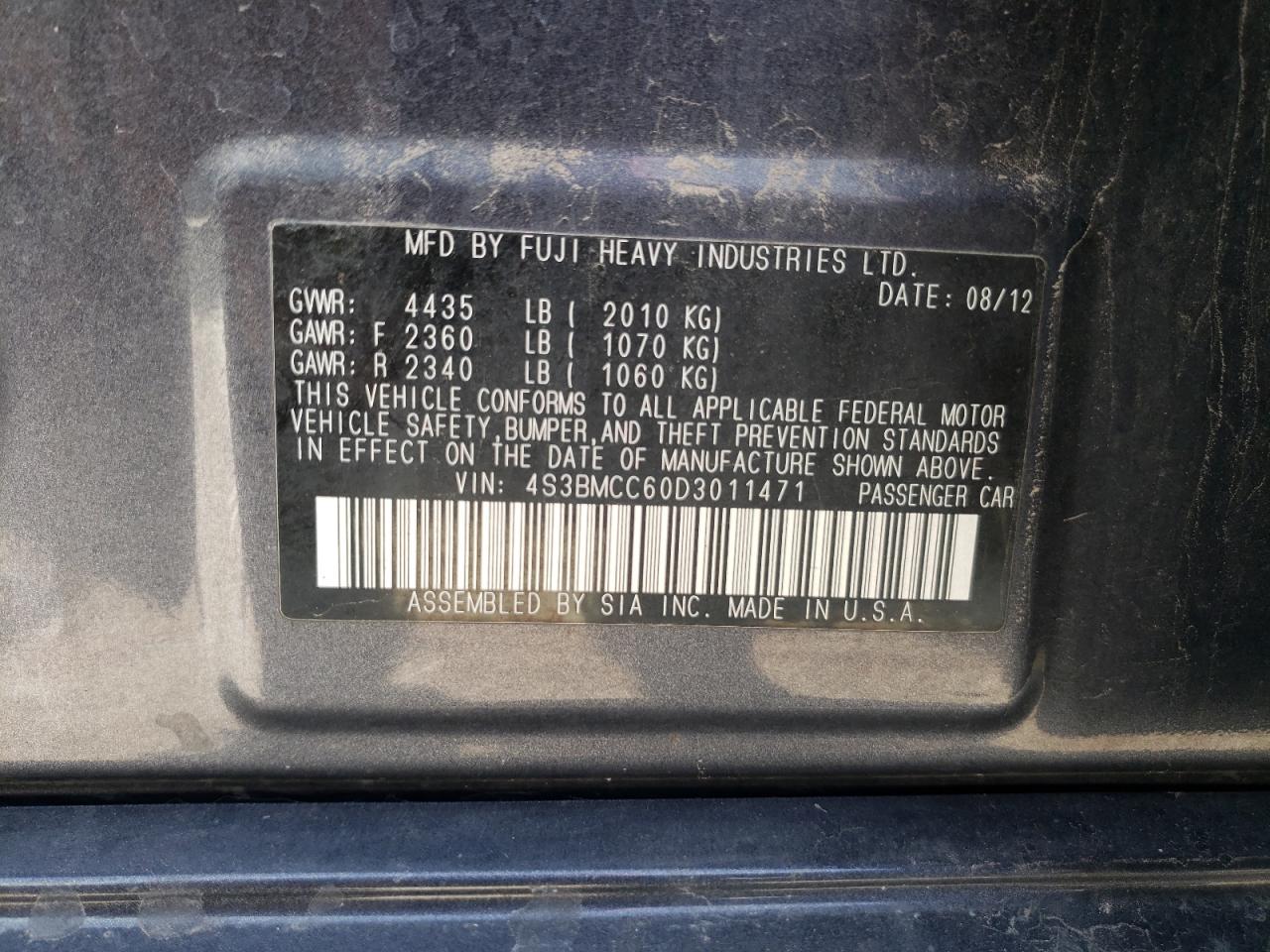 Photo 10 from auction – 2013 SUBARU LEGACY 2.5 with VIN 4S3BMCC60D3011471