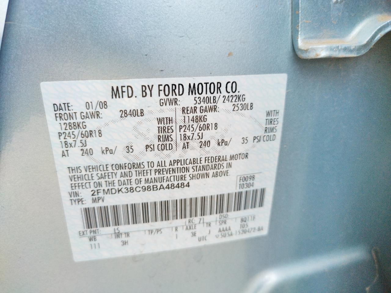 Photo 10 from auction – 2008 FORD EDGE SEL with VIN 2FMDK38C98BA48484