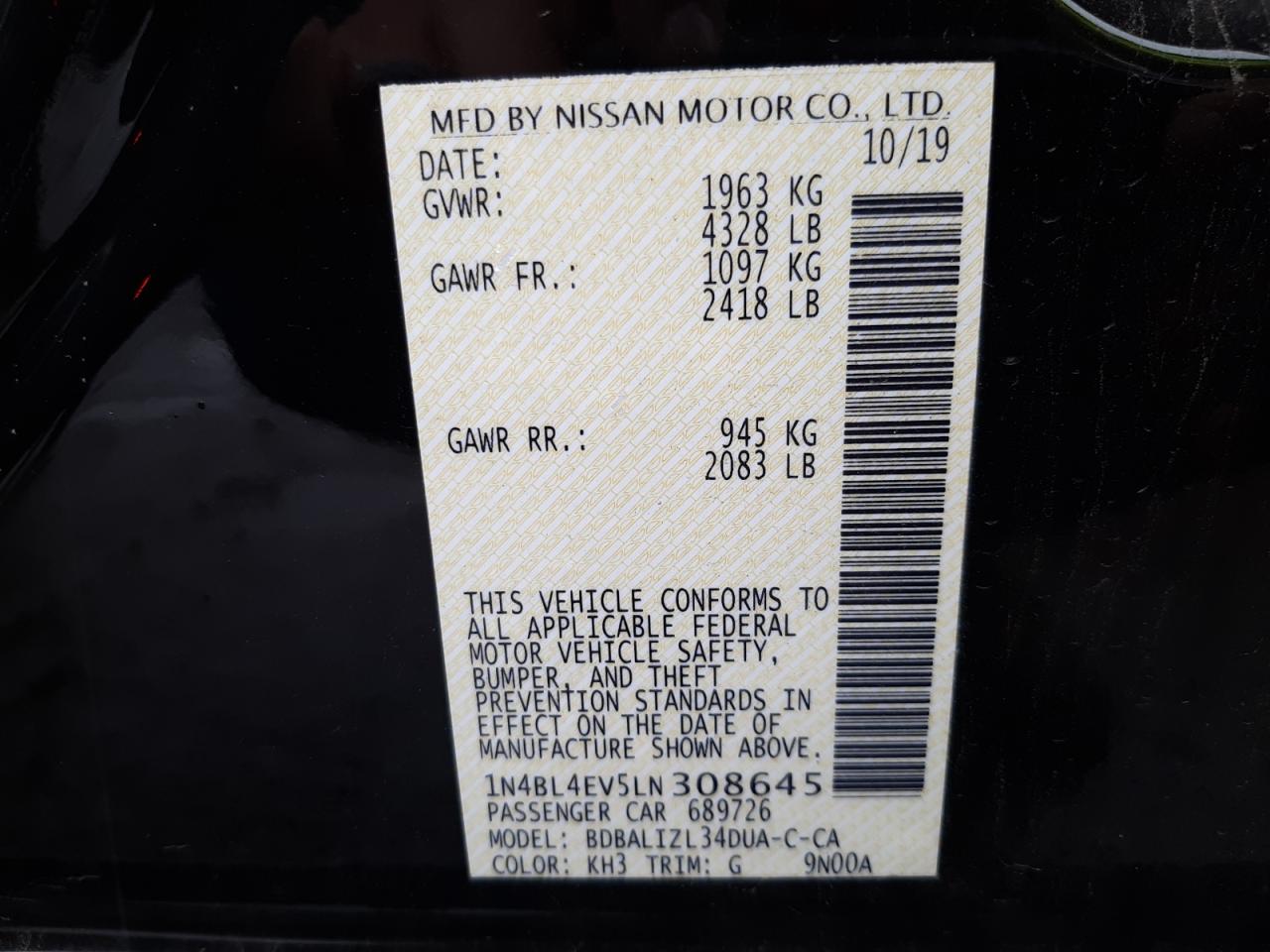 Photo 10 from auction – 2020 NISSAN ALTIMA SL with VIN 1N4BL4EV5LN308645