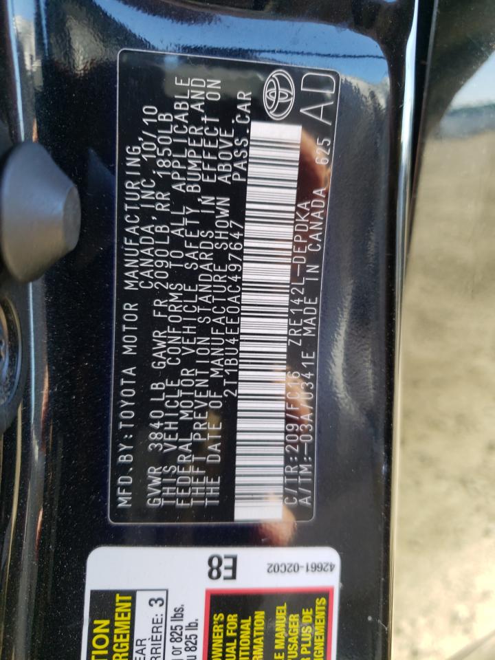 Photo 10 from auction – 2010 TOYOTA COROLLA BA with VIN 2T1BU4EE0AC497647