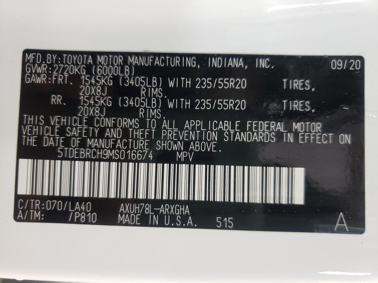 Photo 10 from auction – 2021 TOYOTA HIGHLANDER with VIN 5TDEBRCH9MS016674