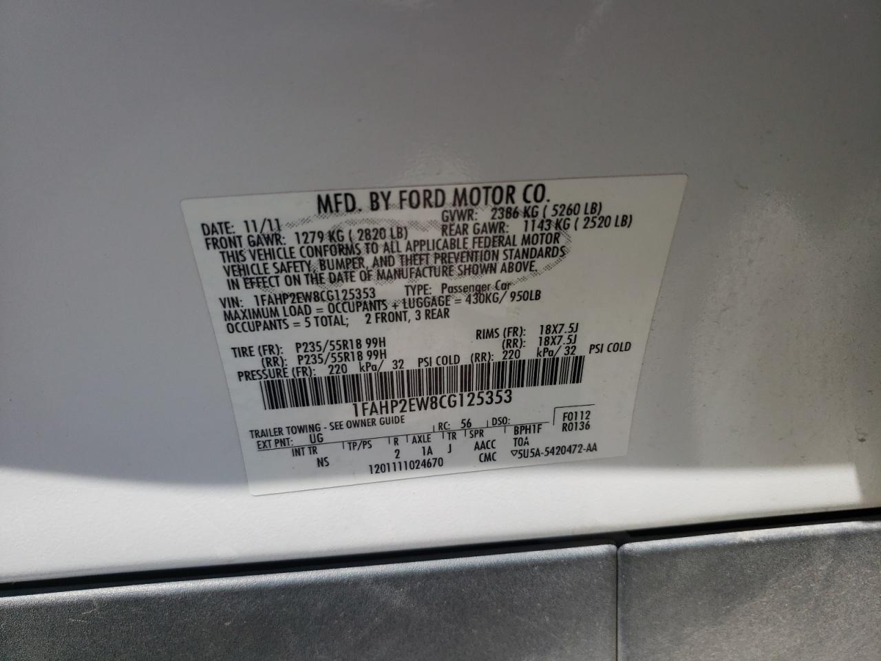 Photo 10 from auction – 2012 FORD TAURUS SEL with VIN 1FAHP2EW8CG125353