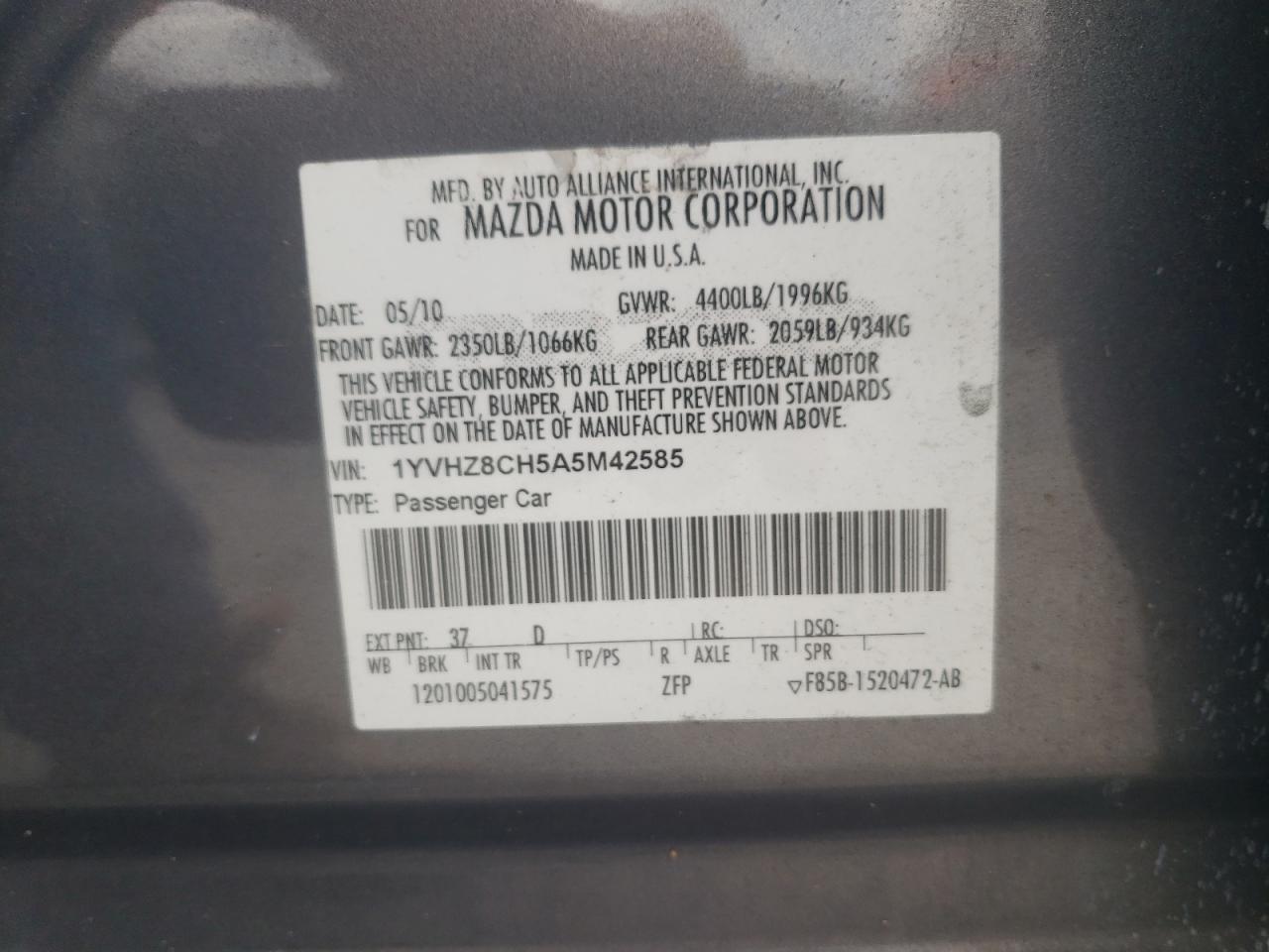 Photo 10 from auction – 2010 MAZDA 6 I with VIN 1YVHZ8CH5A5M42585