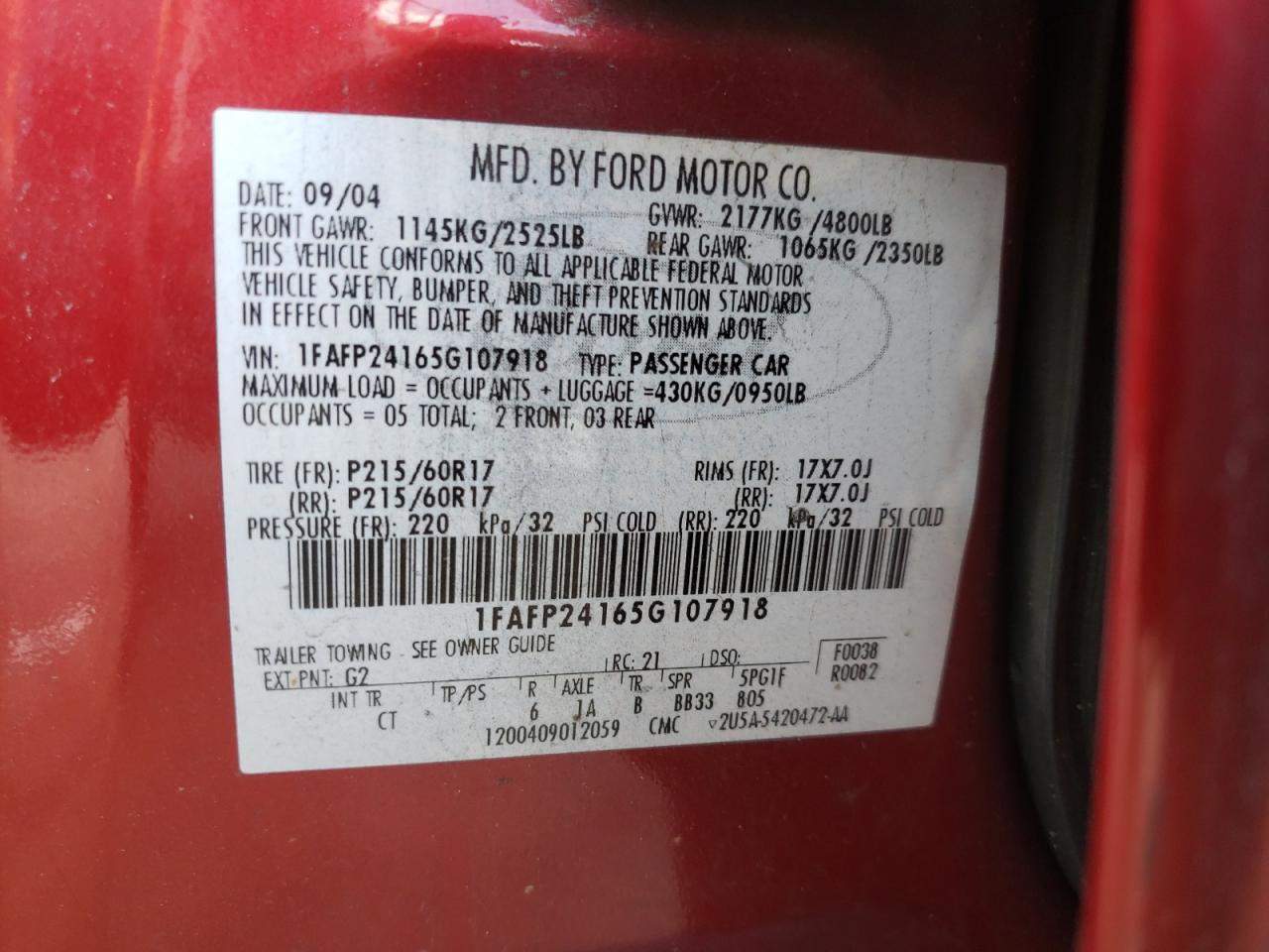 Photo 10 from auction – 2005 FORD FIVE HUNDR with VIN 1FAFP24165G107918