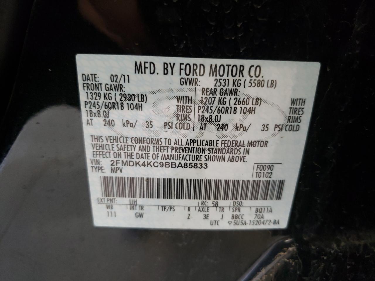 Photo 10 from auction – 2011 FORD EDGE 4D 4W with VIN 2FMDK4KC9BBA85833