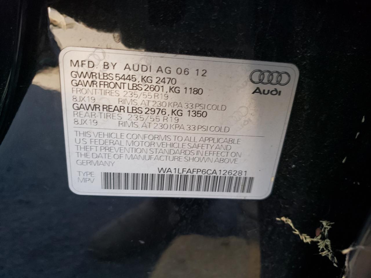 Photo 10 from auction – 2012 AUDI Q5 PREMIUM with VIN WA1LFAFP6CA126281