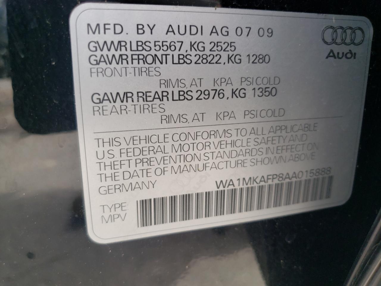 Photo 10 from auction – 2010 AUDI Q5 PREMIUM with VIN WA1MKAFP8AA015888