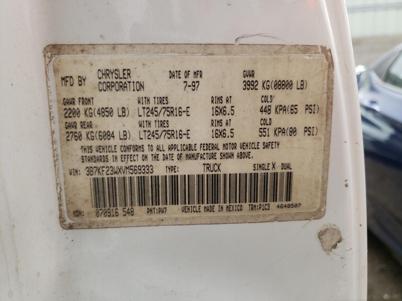 Photo 10 from auction – 1997 DODGE RAM 2500 with VIN 3B7KF23WXVM569333