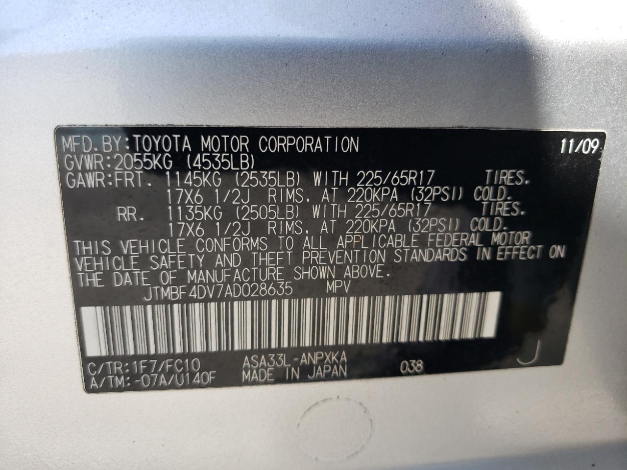 Photo 10 from auction – 2010 TOYOTA RAV4 with VIN JTMBF4DV7AD028635
