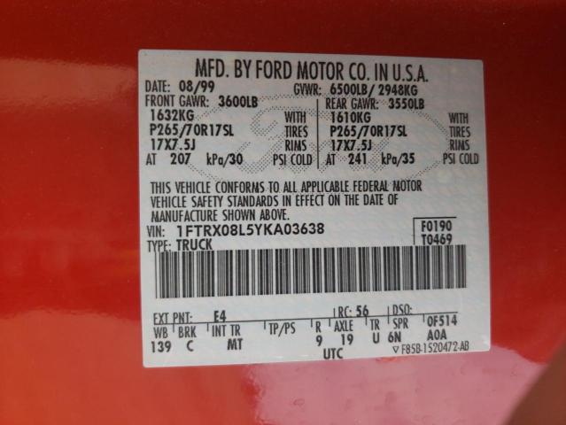 Photo 10 from auction – 2000 FORD F150 with VIN 1FTRX08L5YKA03638