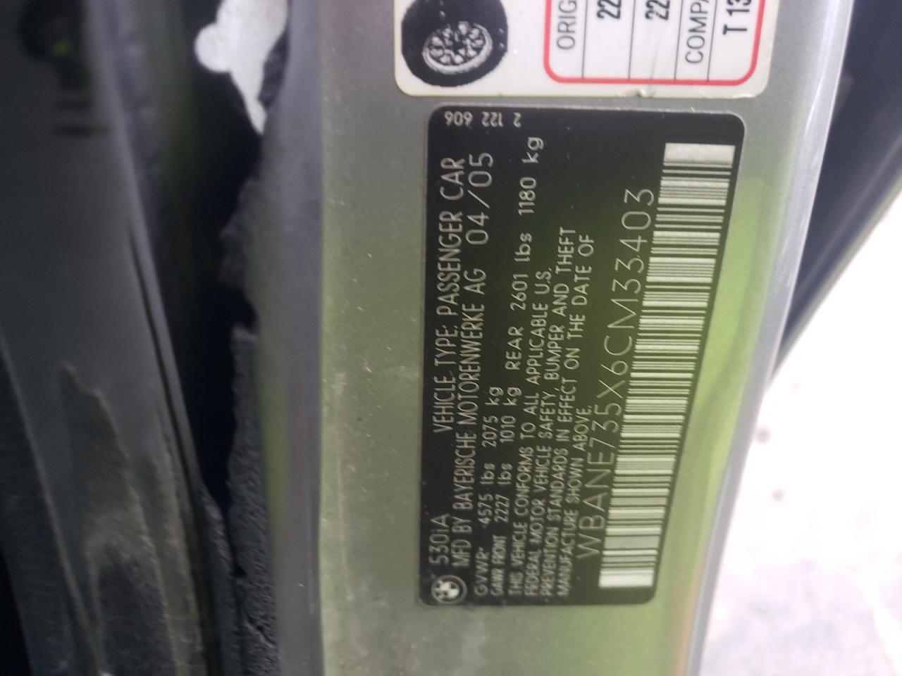 Photo 10 from auction – 2006 BMW 530 I with VIN WBANE735X6CM33403