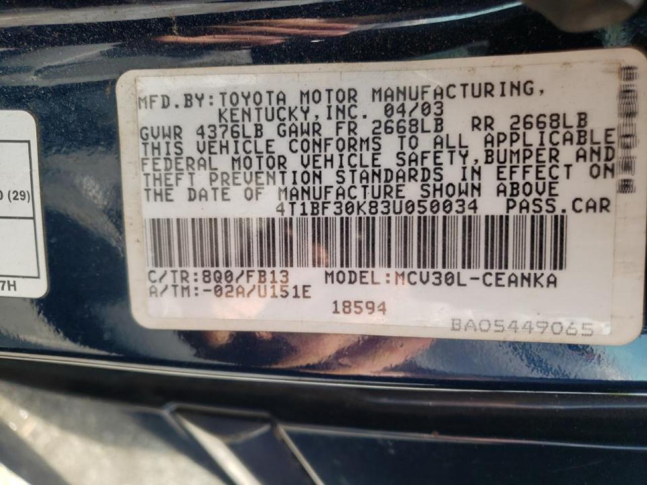 Photo 10 from auction – 2003 TOYOTA CAMRY LE with VIN 4T1BF30K83U050034