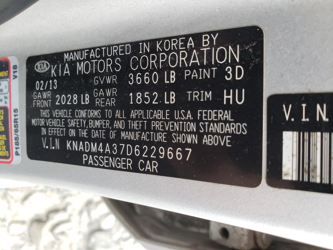 Photo 10 from auction – 2013 KIA RIO LX with VIN KNADM4A37D6229667