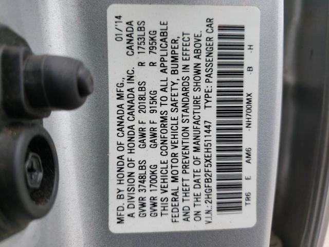 Photo 10 from auction – 2014 HONDA CIVIC LX with VIN 2HGFB2F5XEH511447