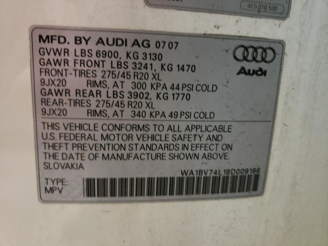 Photo 10 from auction – 2008 AUDI Q7 4.2 QUA with VIN WA1BV74L18D009196