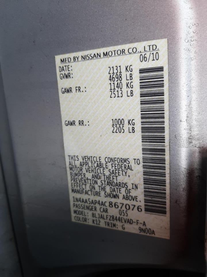 Photo 10 from auction – 2010 NISSAN MAXIMA S with VIN 1N4AA5AP4AC867076