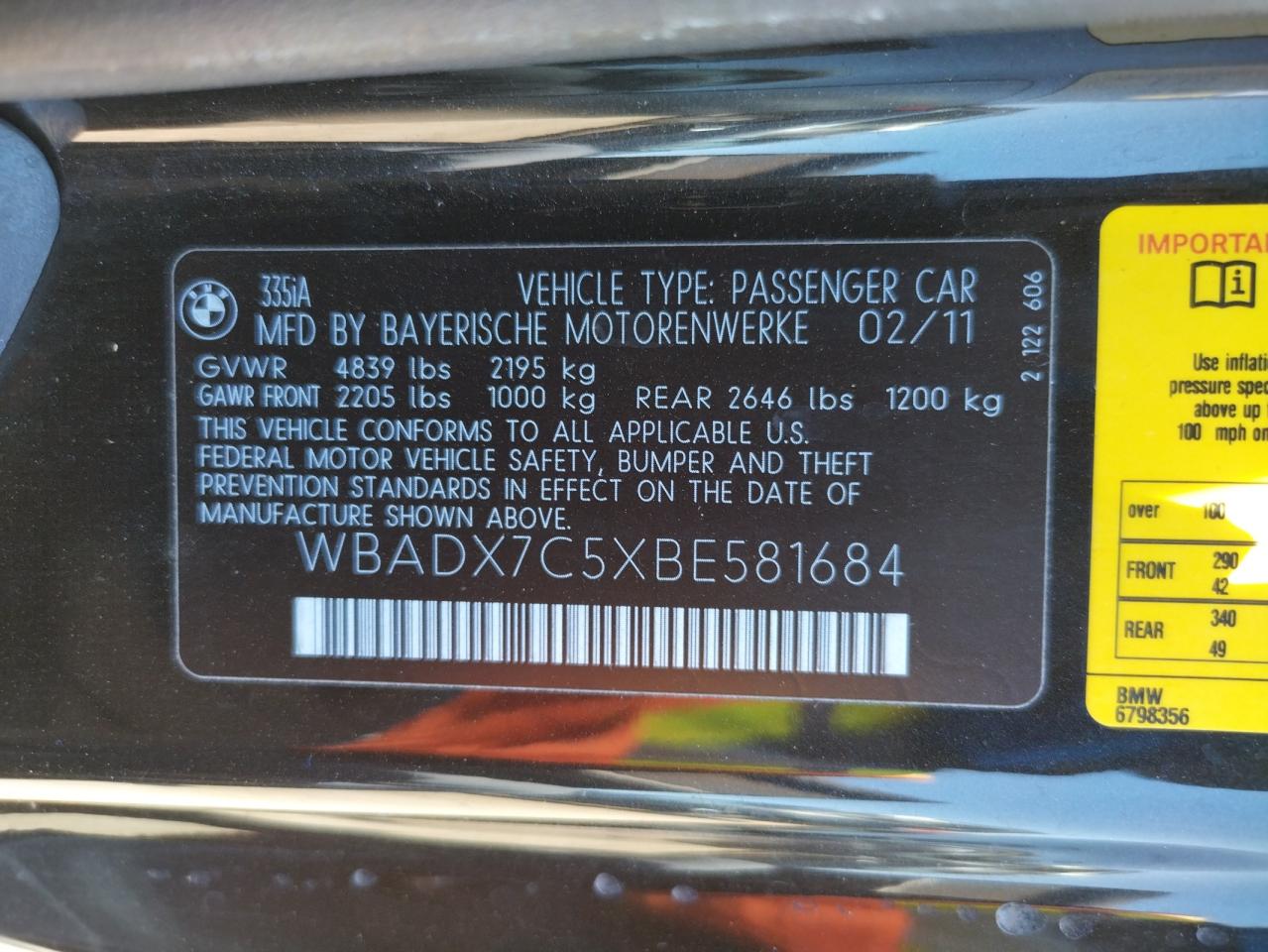 Photo 10 from auction – 2011 BMW 335 I with VIN WBADX7C5XBE581684