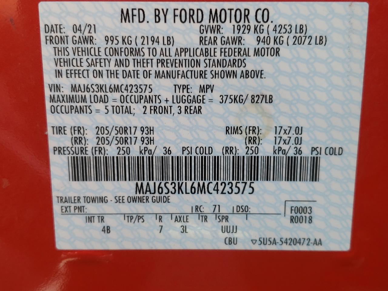 Фото 10 с аукциона – 2021 FORD ECOSPORT T с VIN MAJ6S3KL6MC423575