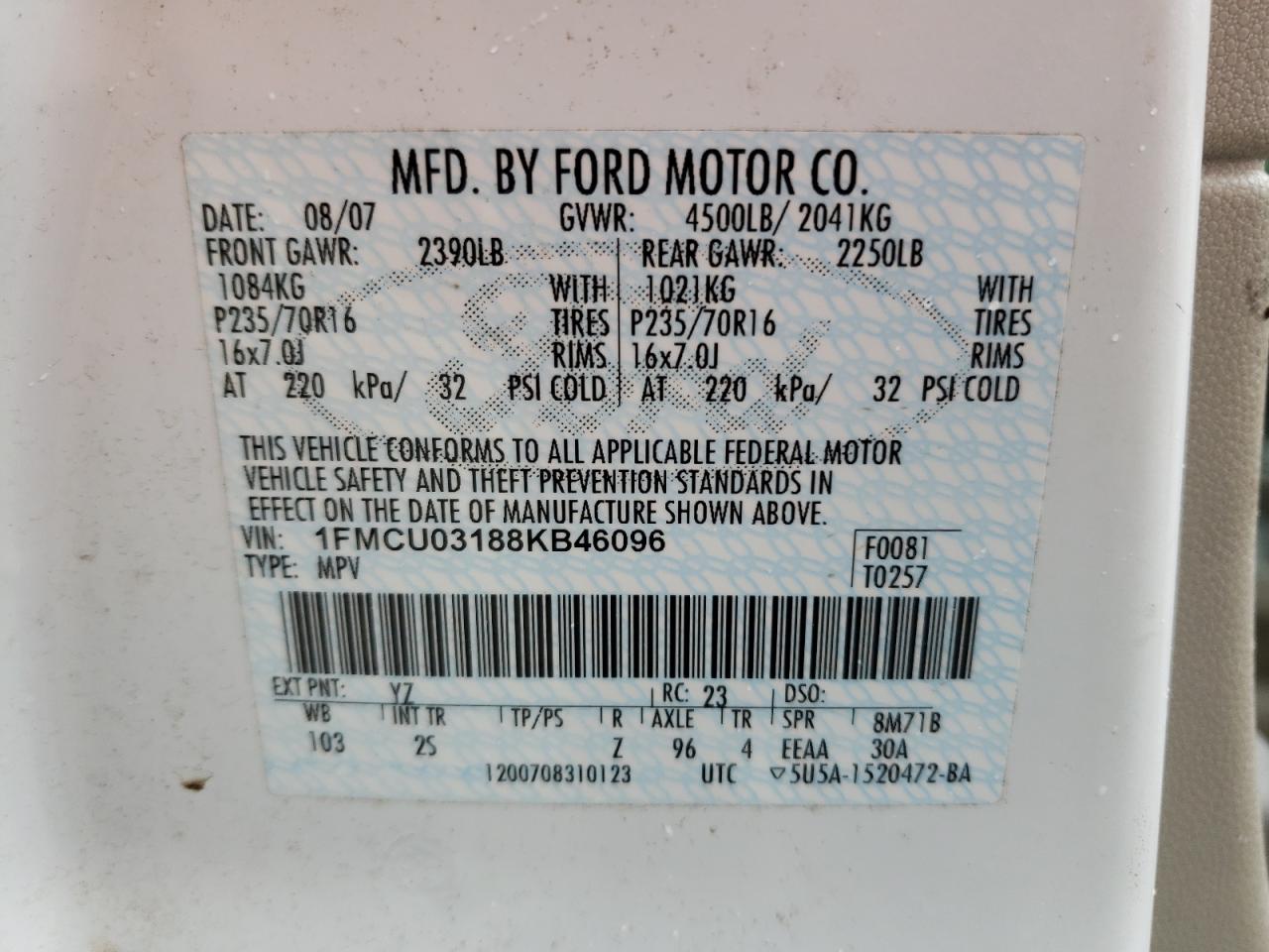 Photo 10 from auction – 2008 FORD ESCAPE XLT with VIN 1FMCU03188KB46096