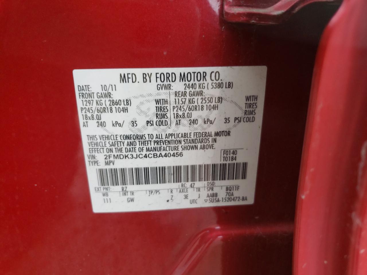 Photo 10 from auction – 2012 FORD EDGE SEL with VIN 2FMDK3JC4CBA40456