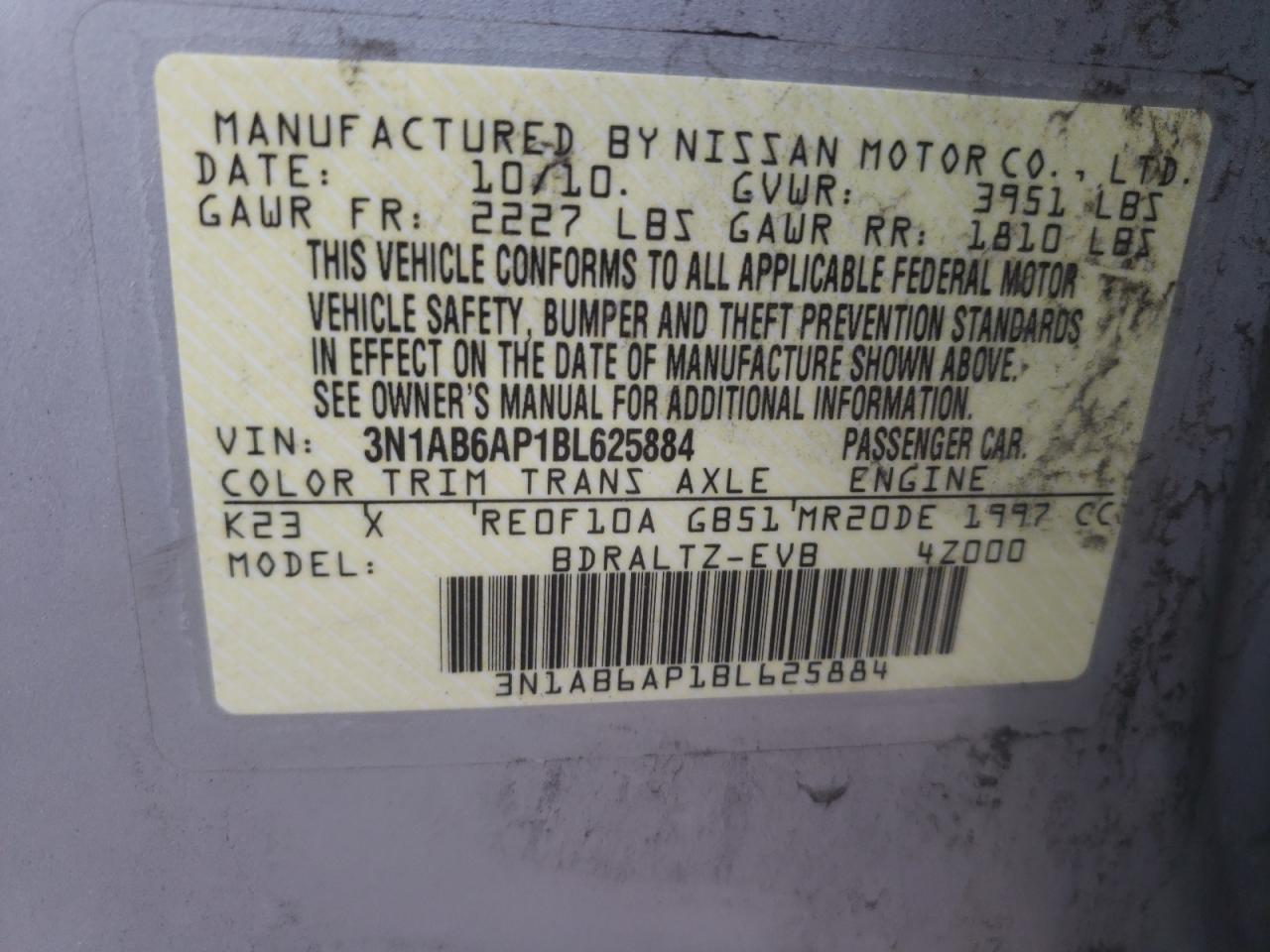 Photo 10 from auction – 2011 NISSAN SENTRA 2.0 with VIN 3N1AB6AP1BL625884