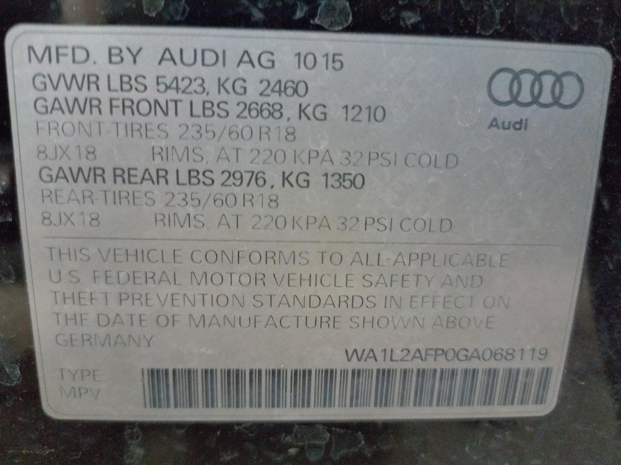 Photo 10 from auction – 2016 AUDI Q5 PREMIUM with VIN WA1L2AFP0GA068119