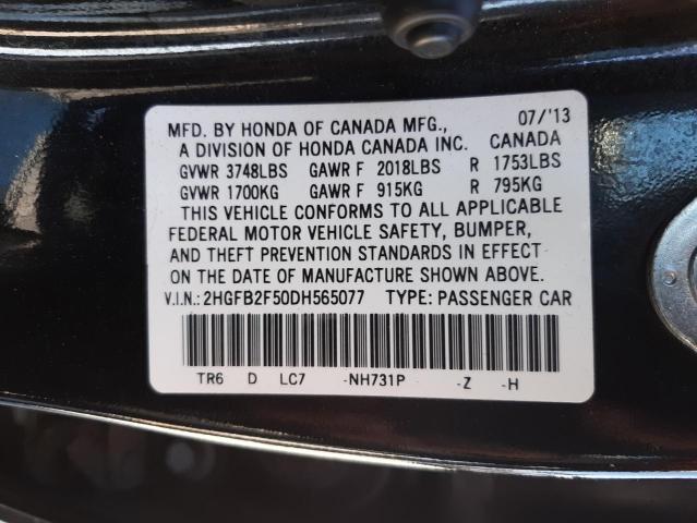 Photo 10 from auction – 2013 HONDA CIVIC LX with VIN 2HGFB2F50DH565077