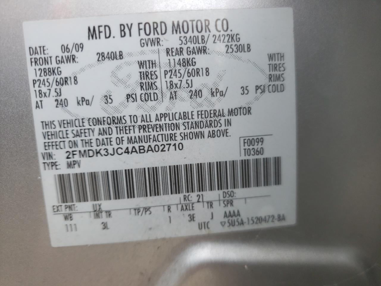 Photo 10 from auction – 2010 FORD EDGE SEL with VIN 2FMDK3JC4ABA02710