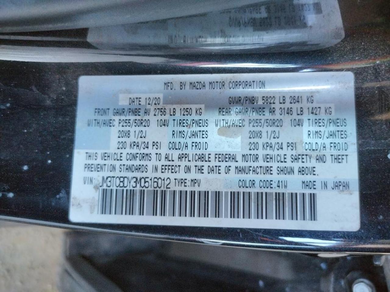 Photo 10 from auction – 2021 MAZDA CX-9 GRAND with VIN JM3TCBDY3M0516012