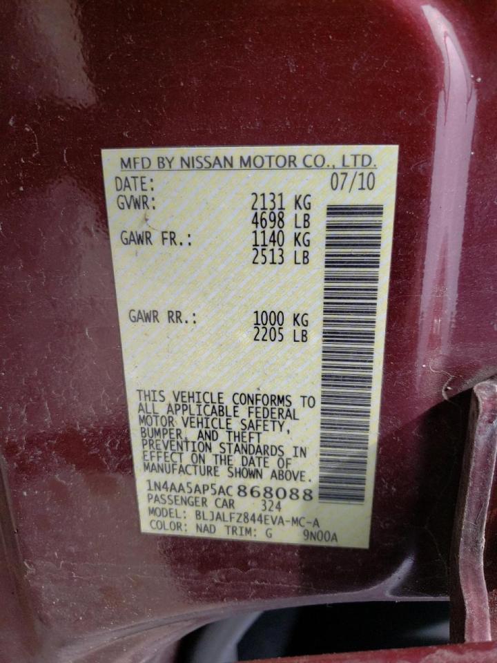 Photo 10 from auction – 2010 NISSAN MAXIMA S with VIN 1N4AA5AP5AC868088