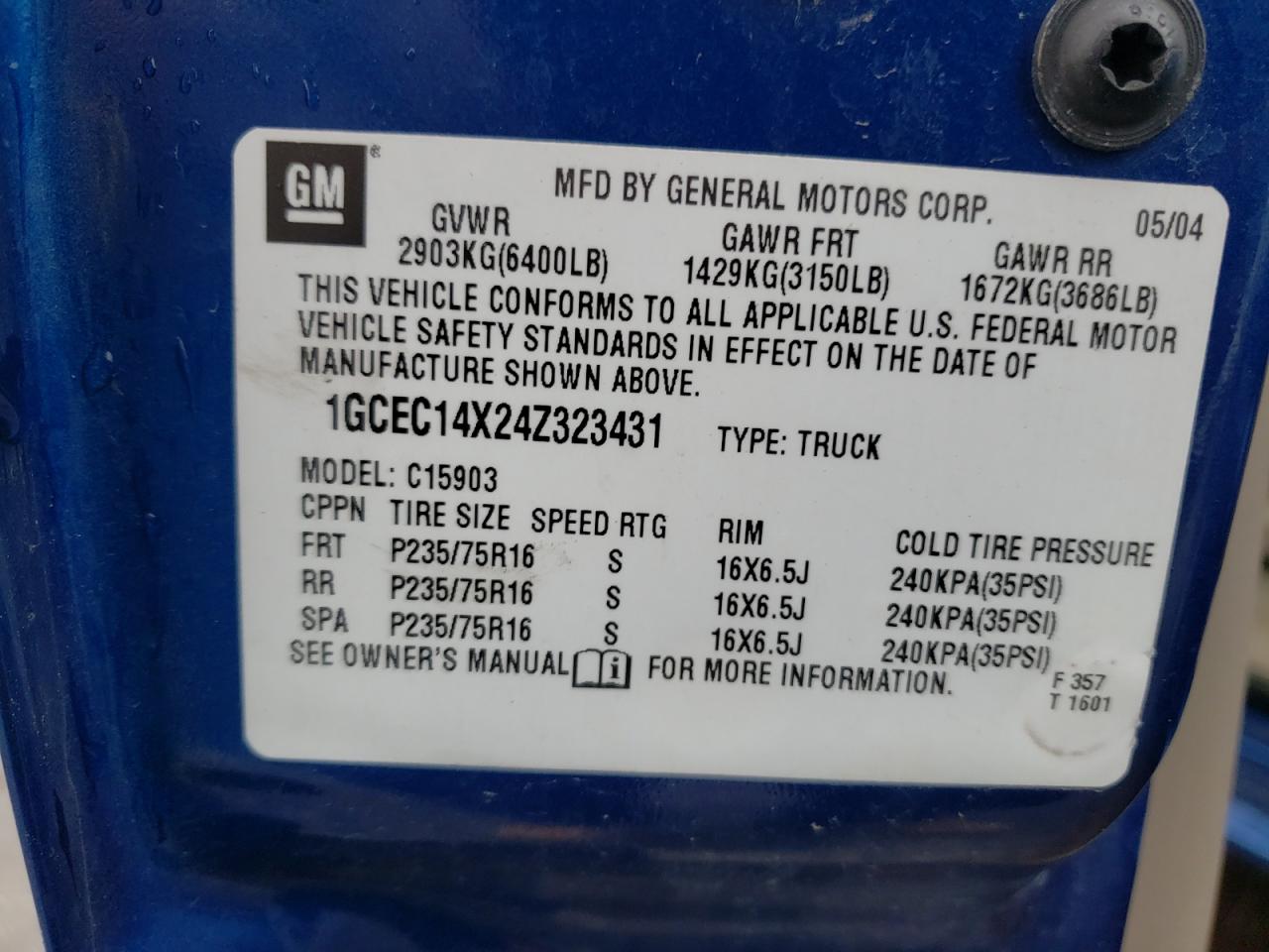 Photo 10 from auction – 2004 CHEVROLET SILVERADO with VIN 1GCEC14X24Z323431
