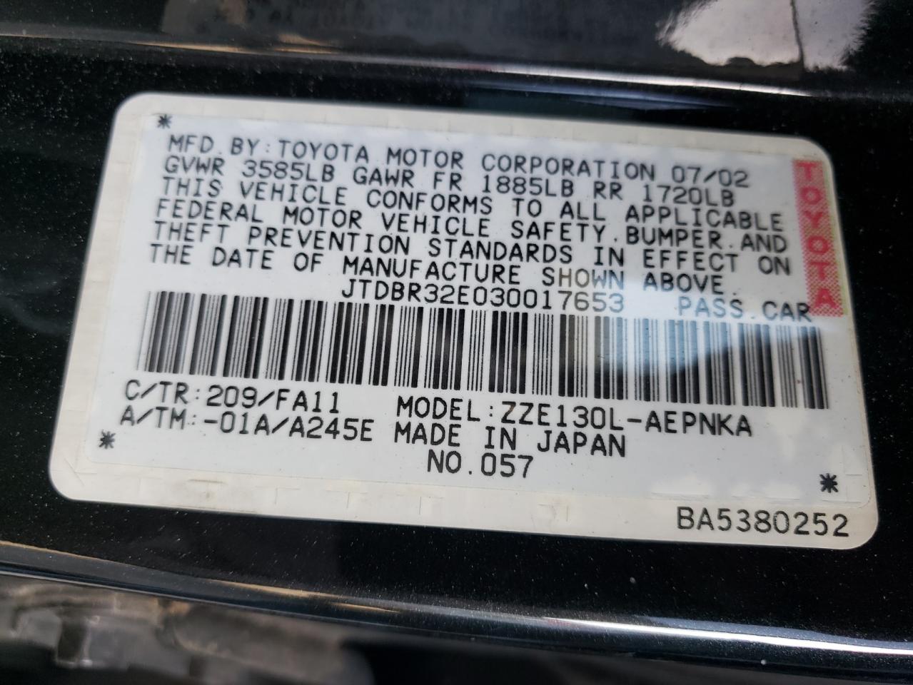 Photo 10 from auction – 2003 TOYOTA COROLLA CE with VIN JTDBR32E030017653