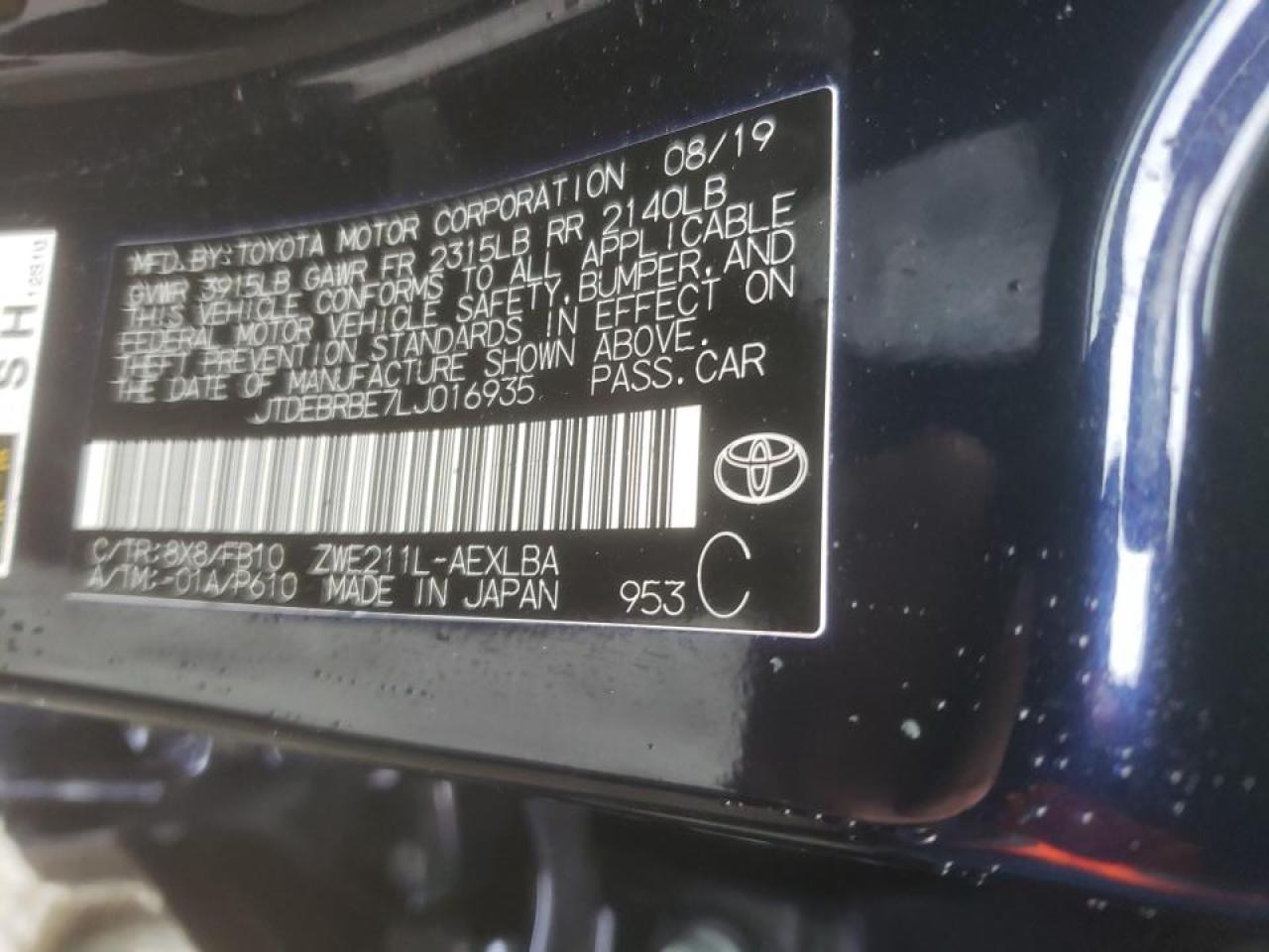 Photo 10 from auction – 2020 TOYOTA COROLLA LE with VIN JTDEBRBE7LJ016935